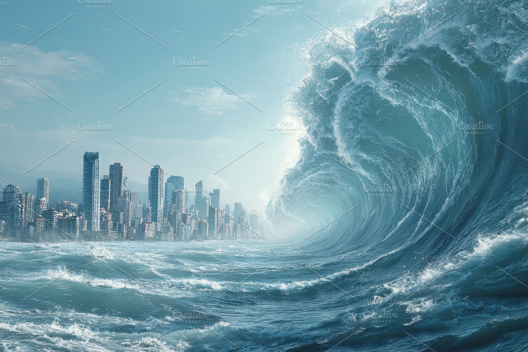 Ocean wave approaches city skyline, a Photo by Pavel_design