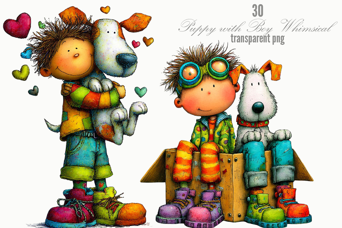 Puppy with Boy Whimsical Clipart, a Person Illustration by Designking (Photo 1 of 5)