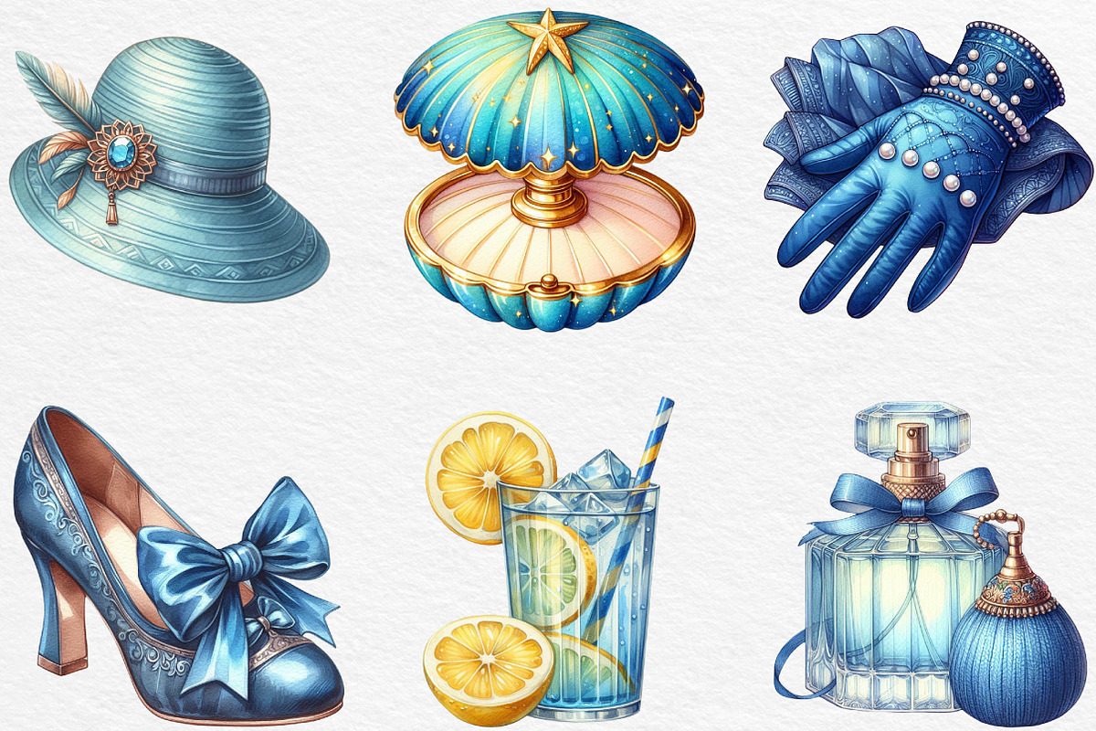 Watercolor Blue 1920s Summer Clipart, an Illustration by Black Bird Studio (Photo 4 of 6)