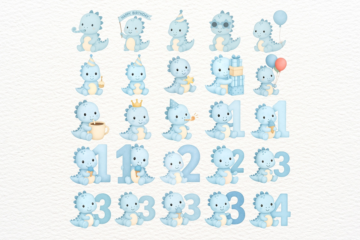 Blue Birthday Dino Clipart Set, an Illustration by Nicolle's Colorful Art (Photo 6 of 6)