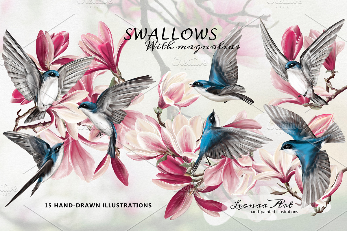 Swallows with magnolias Clipart Set, a Seasonal Illustration by Leonaa art (Photo 6 of 11)
