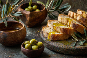 Bread and olives on a table with oil, a Photo by Beautiful things