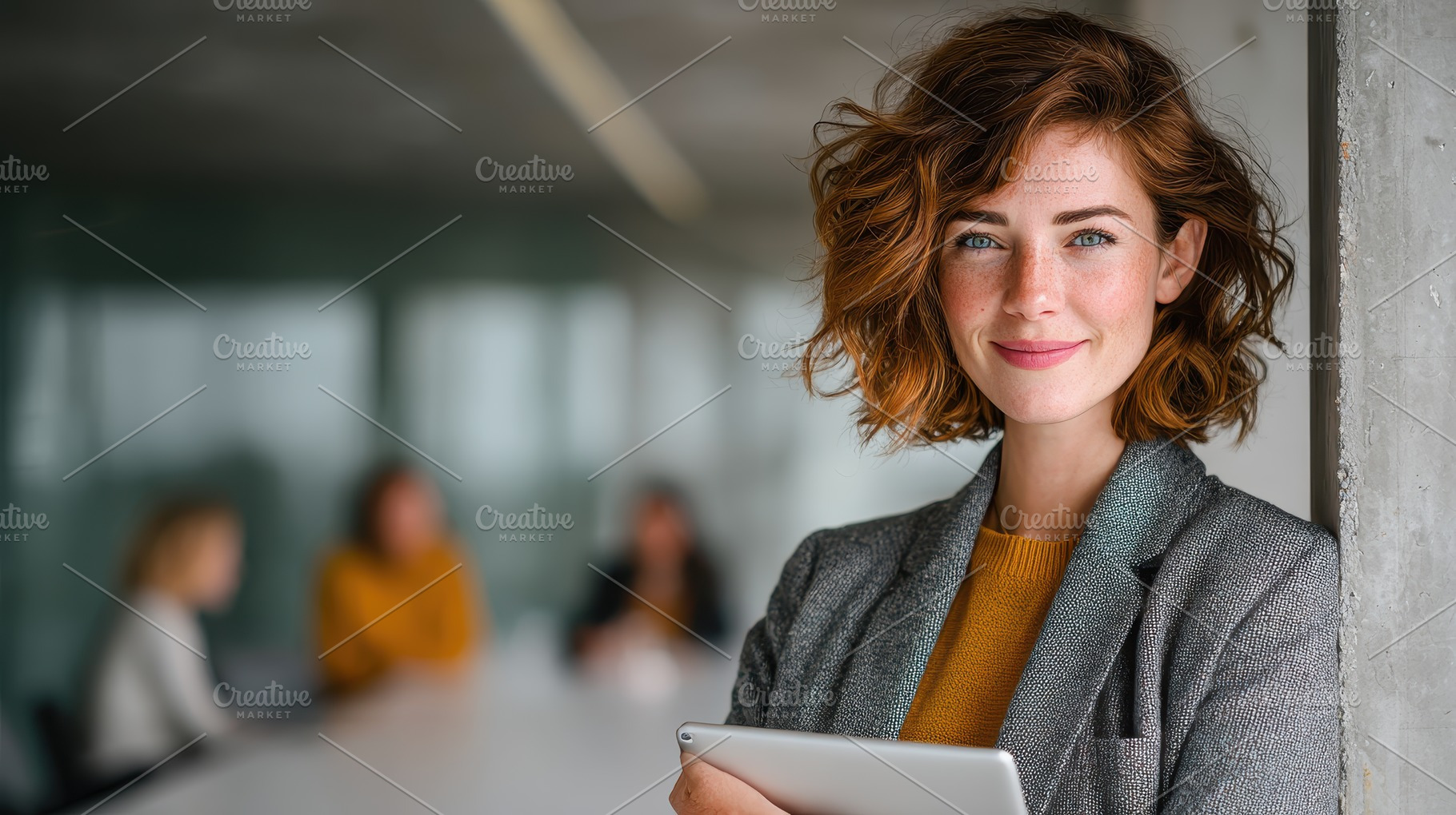 Confident businesswoman holding tabl, a Photo by Pixeness Studio