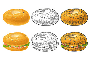 Bagel with salmon. Vector color hand, a Food Illustration by MoreVector