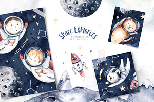 Watercolor Space Explorers. Kids Set