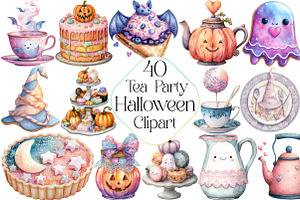 Pastel Halloween Tea Party Clipart, an Illustration by DreamPrint404