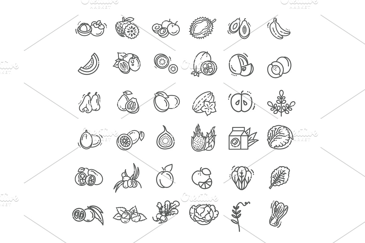 Natural food flat line icons set, a Food Illustration by Tettygreen