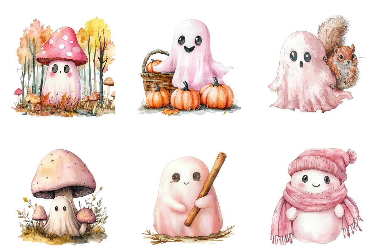 Watercolor Cute Pink Ghost Clipart, an Illustration by SinaCreation (Photo 2 of 5)