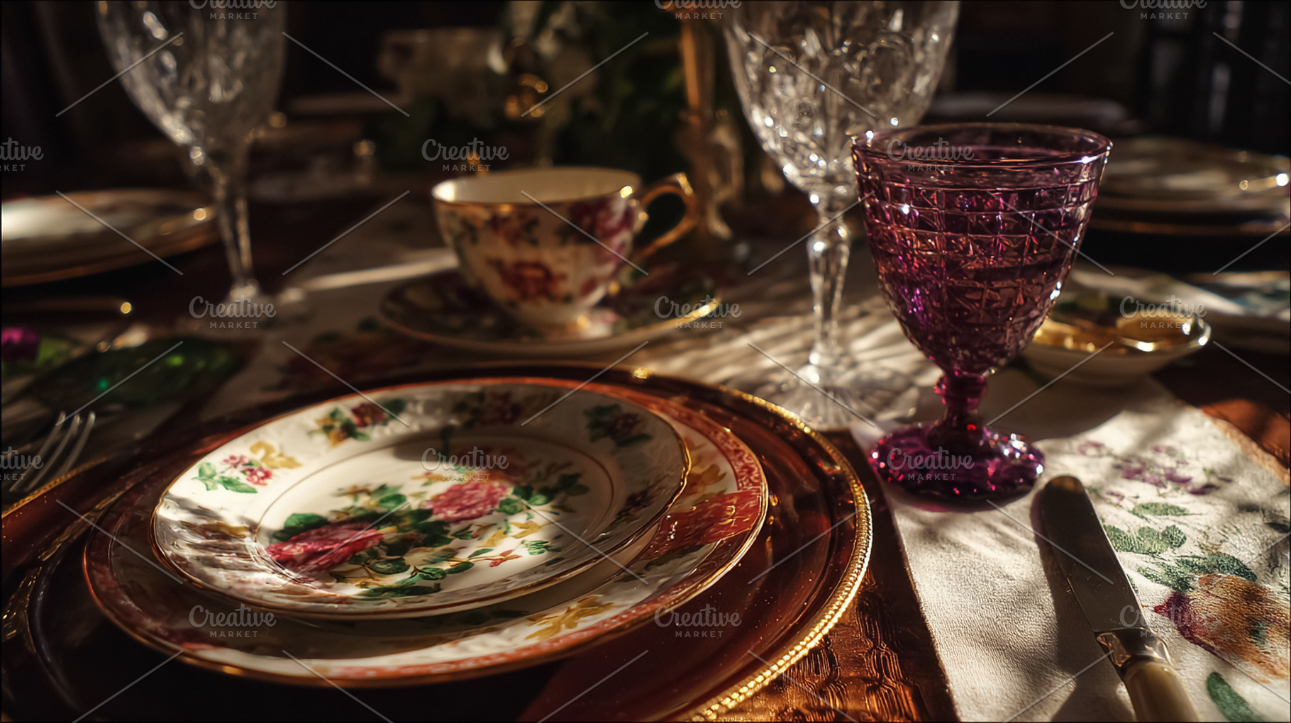 Vintage porcelain dinnerware and ornate glassware creating an el, a Photo by Studio ANNA
