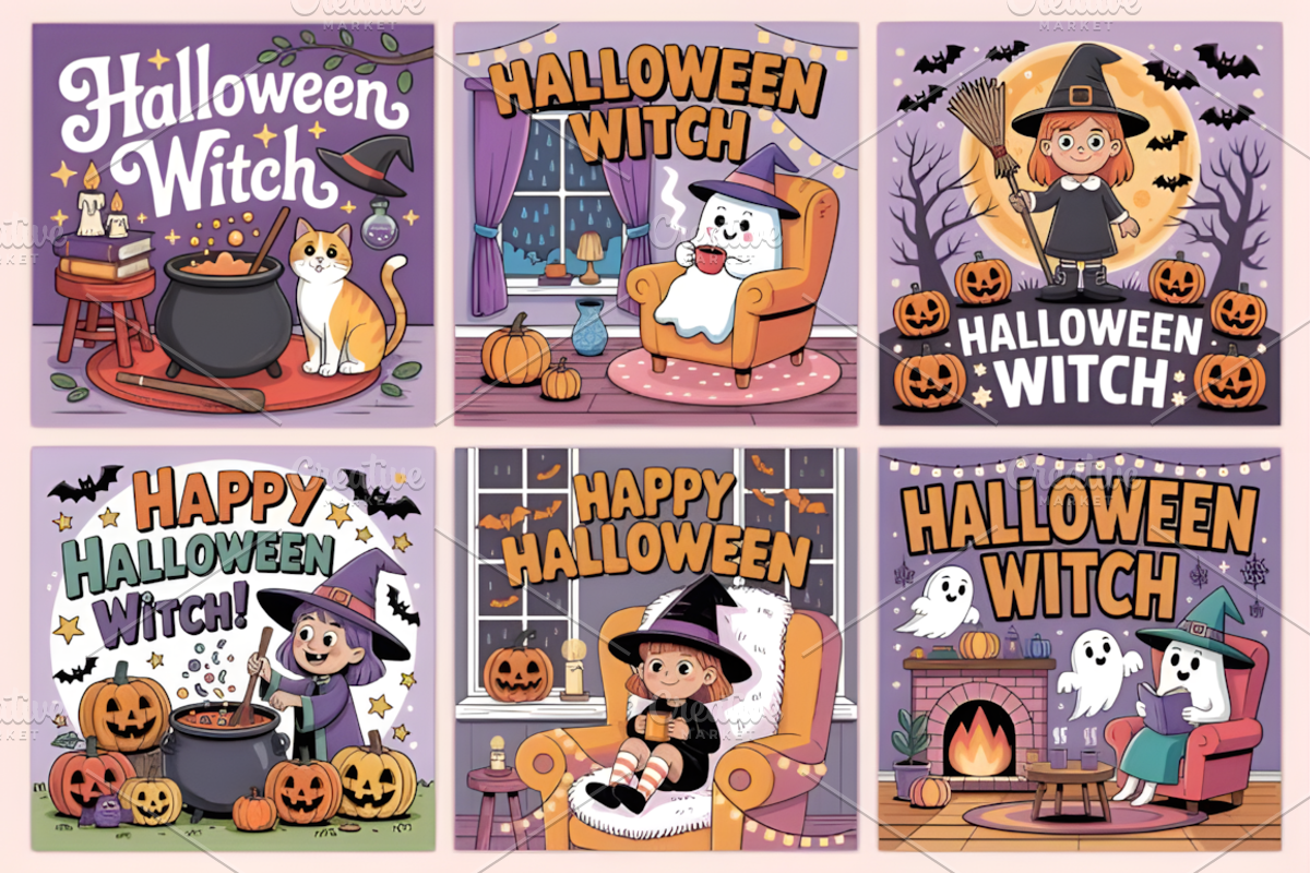 Halloween Witch Coloring Pages, a Seasonal Illustration by Coco Bloom (Photo 3 of 3)