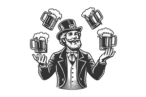 Leprechaun Juggling Beer Mugs, a Food Illustration by AlexArt