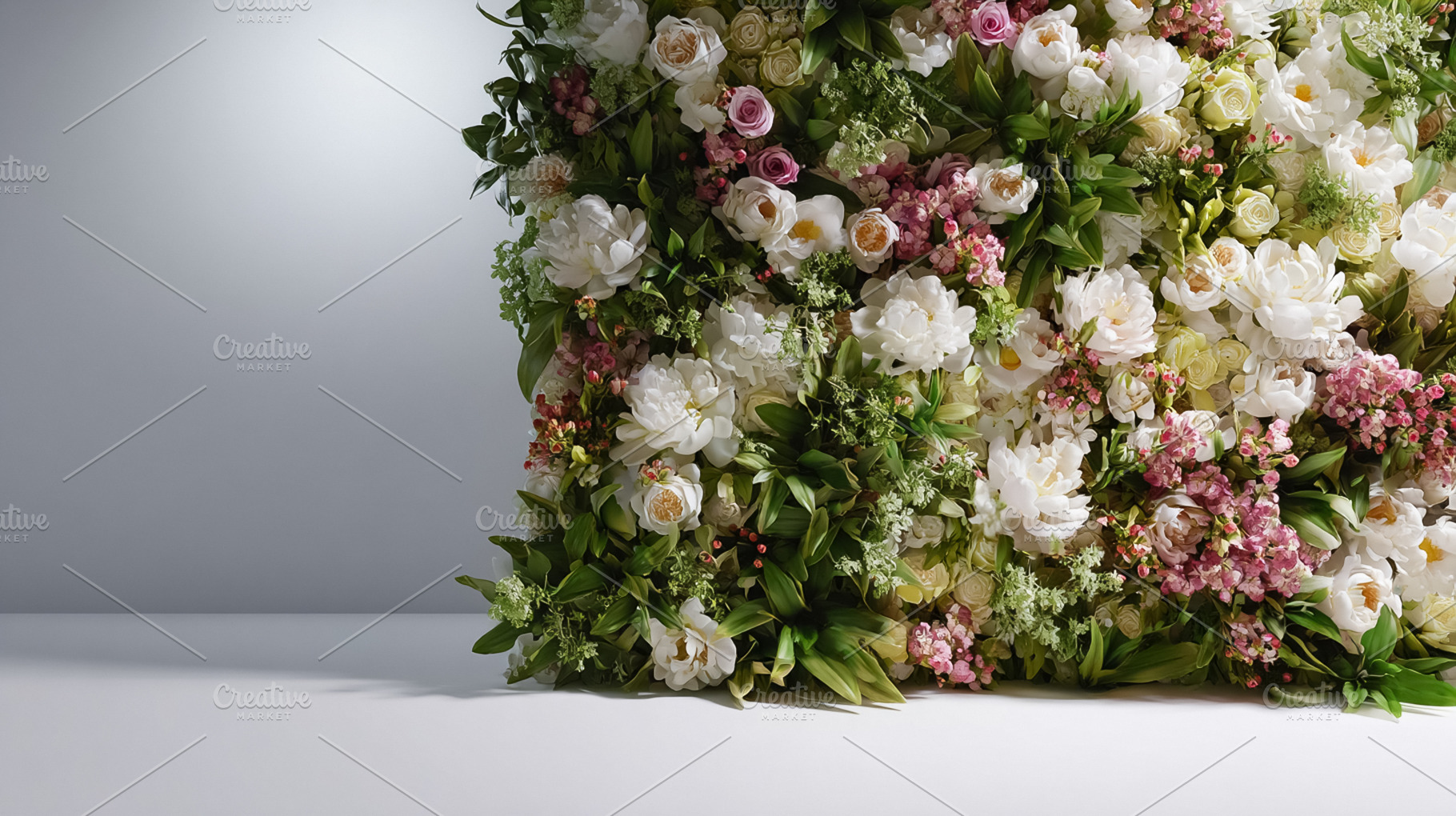 Green flower wall with pink and white blossoms providing a lush, a Photo by Studio ANNA