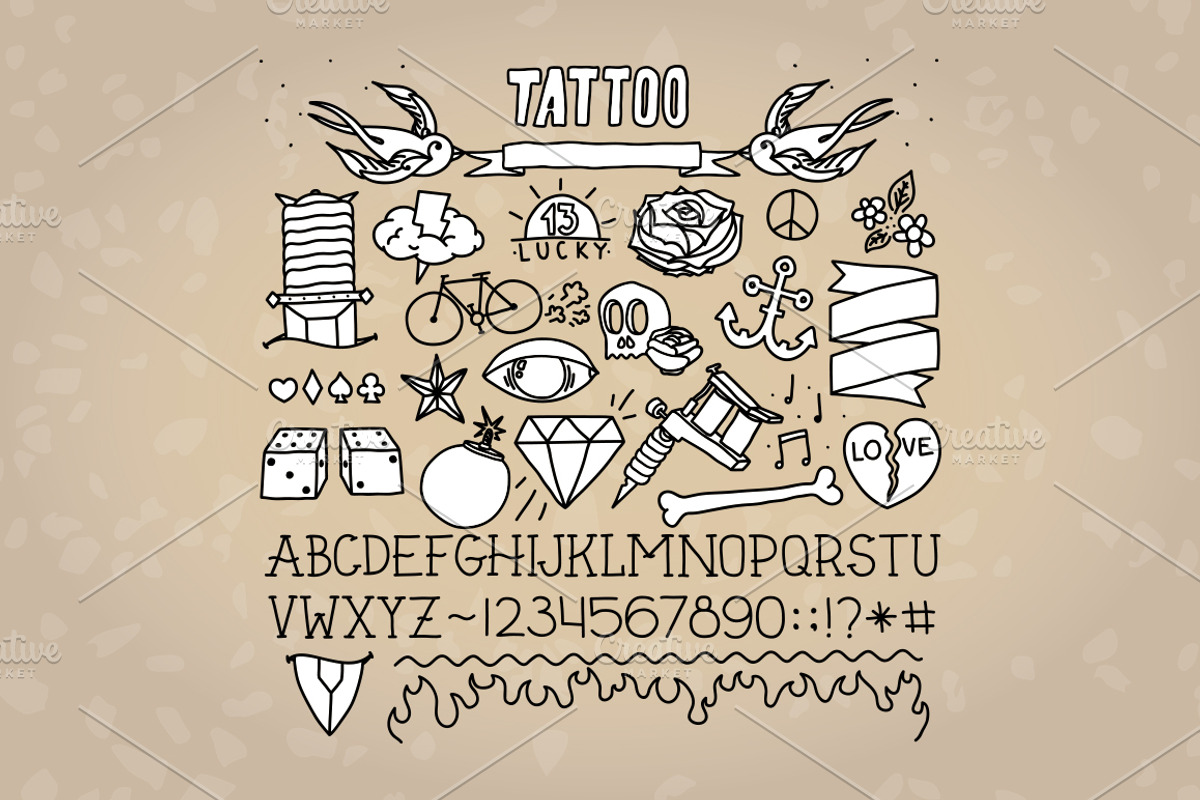 Old school tattoo objects + font preview 2