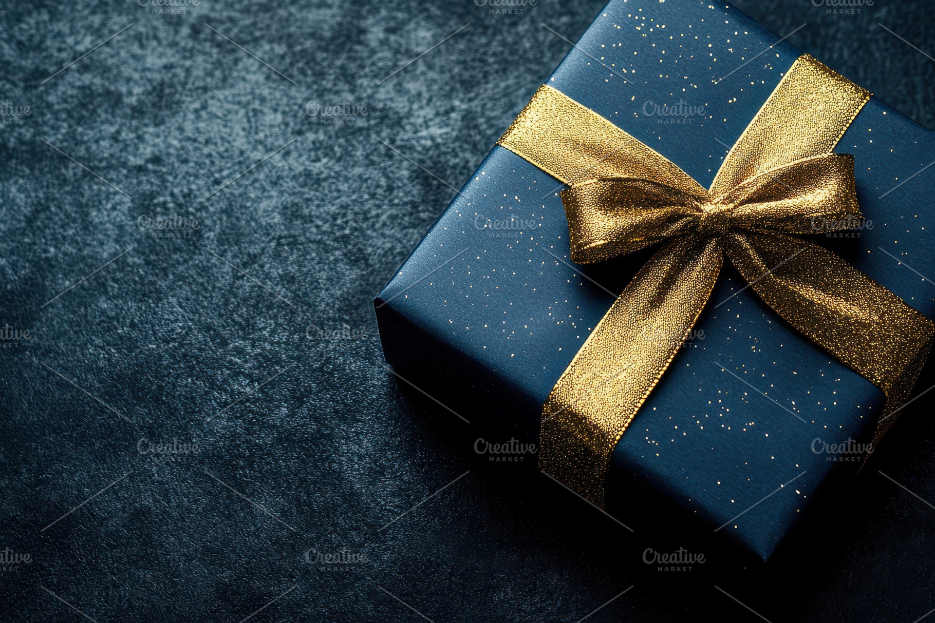 Dark blue gift box with gold ribbon, a Photo by Pavel_design