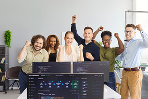 Startup Team Cheering with Arms Up