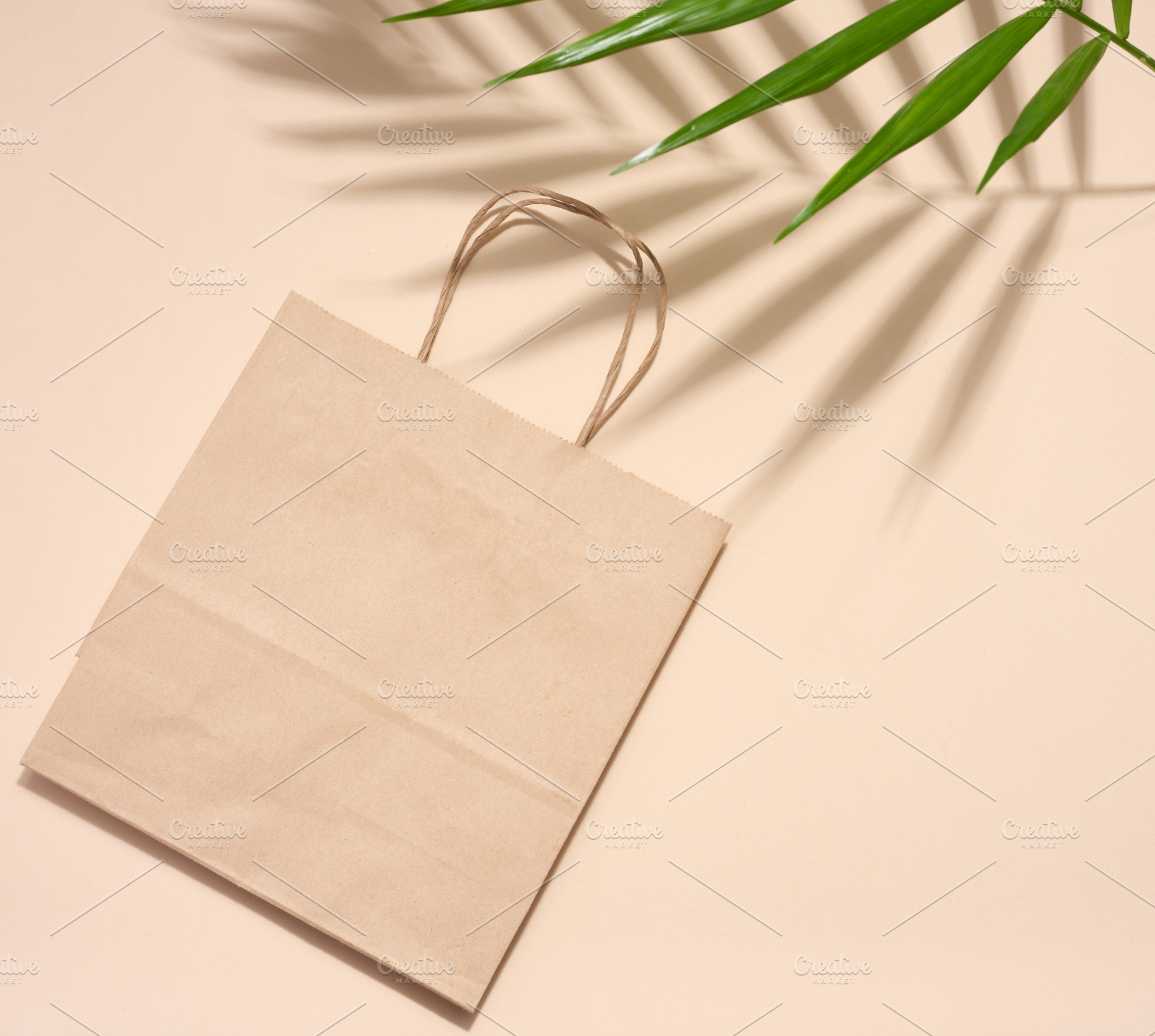 Empty disposable brown kraft paper bag with handles on beige bac, an Abstract Photo by ndanko
