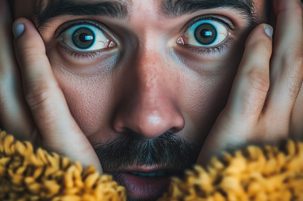 A close-up portrait of a man with a surprised expression, holding his face with, a Person Photo by Textures & Backgrounds