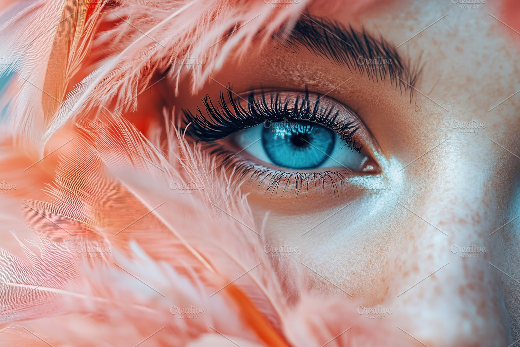 Portrait of beautiful woman with blue eyes and feathers in pastel colors, a Beauty & Fashion Photo by AlyaAnd