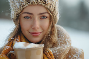 A young Caucasian woman enjoys a warm cup of cocoa in a snowy landscape, exudin, a Person Photo by ImageMir