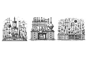 Chemistry Lab engraving set vector, an Illustration by AlexArt