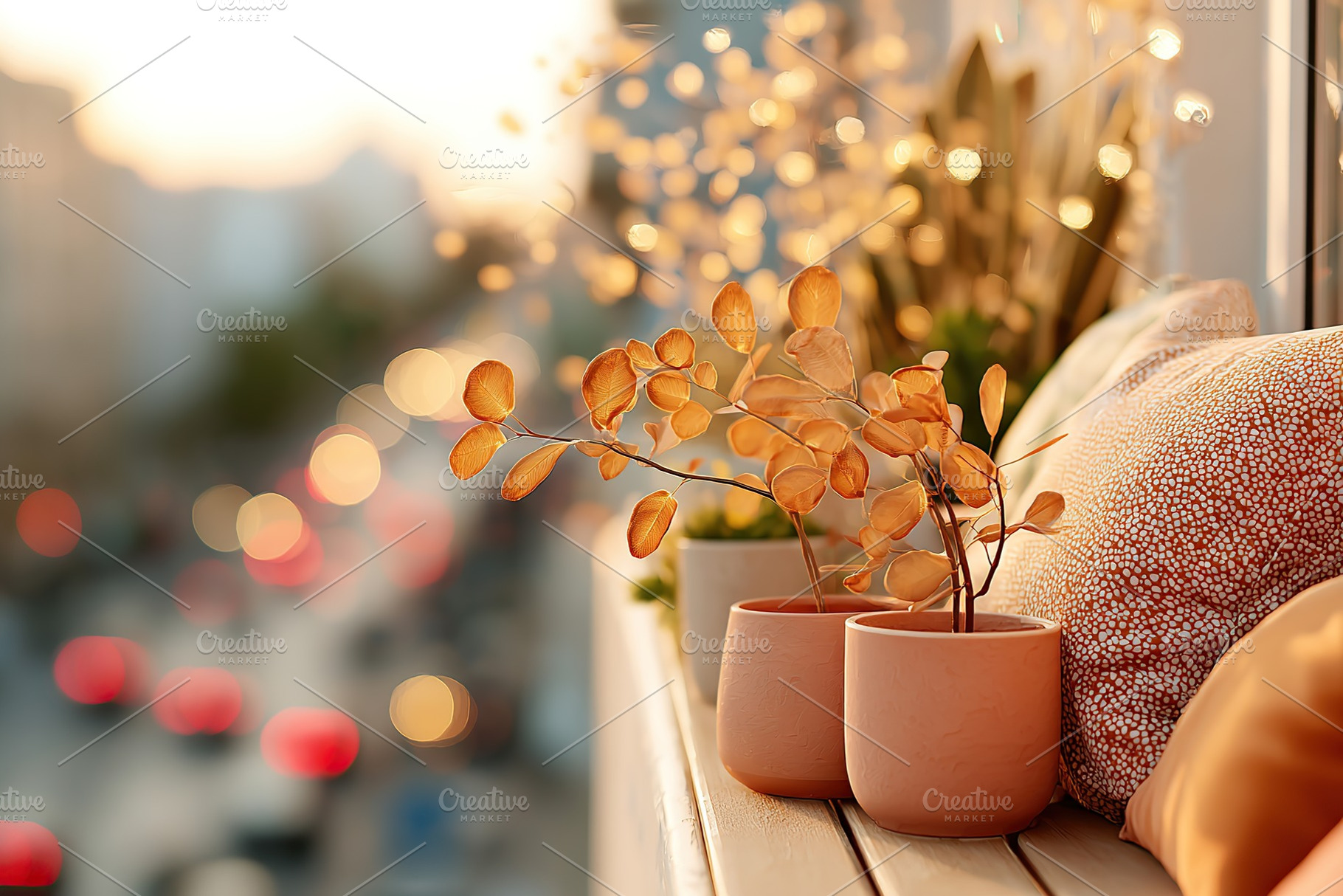 Urban balcony adorned with autumn foliage at sunset, creating a cozy atmosphere, a Photo by AlyaAnd