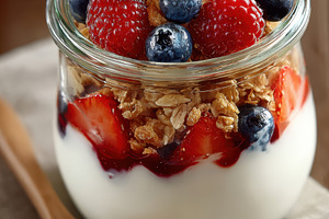 Layered yogurt parfait with berries and granola, a Food & Drink Photo by AlyaAnd