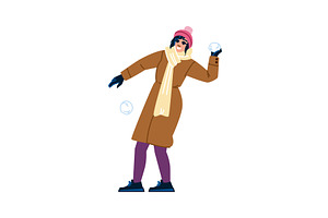 Cheerful woman throwing snowballs, an Illustration by pikepicture