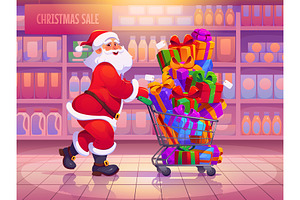 Cartoon Santa with shopping cart