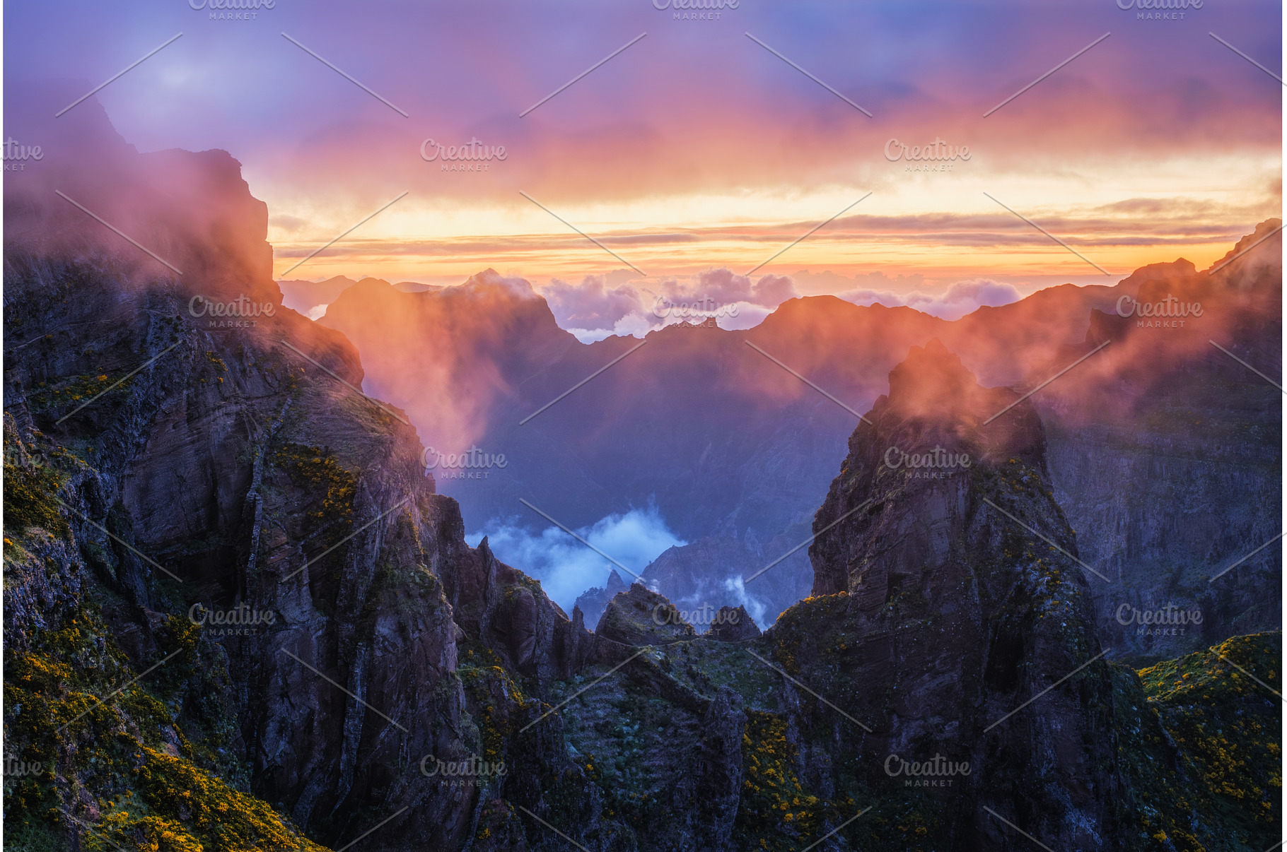 Mountains on sunset covered in fog, a Nature Photo by f9photos