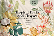 Tropical Flowers, Fruits and Leaves, a Decorative Illustration by Julia M. Watercolor (Thumbnail 1 of 14)
