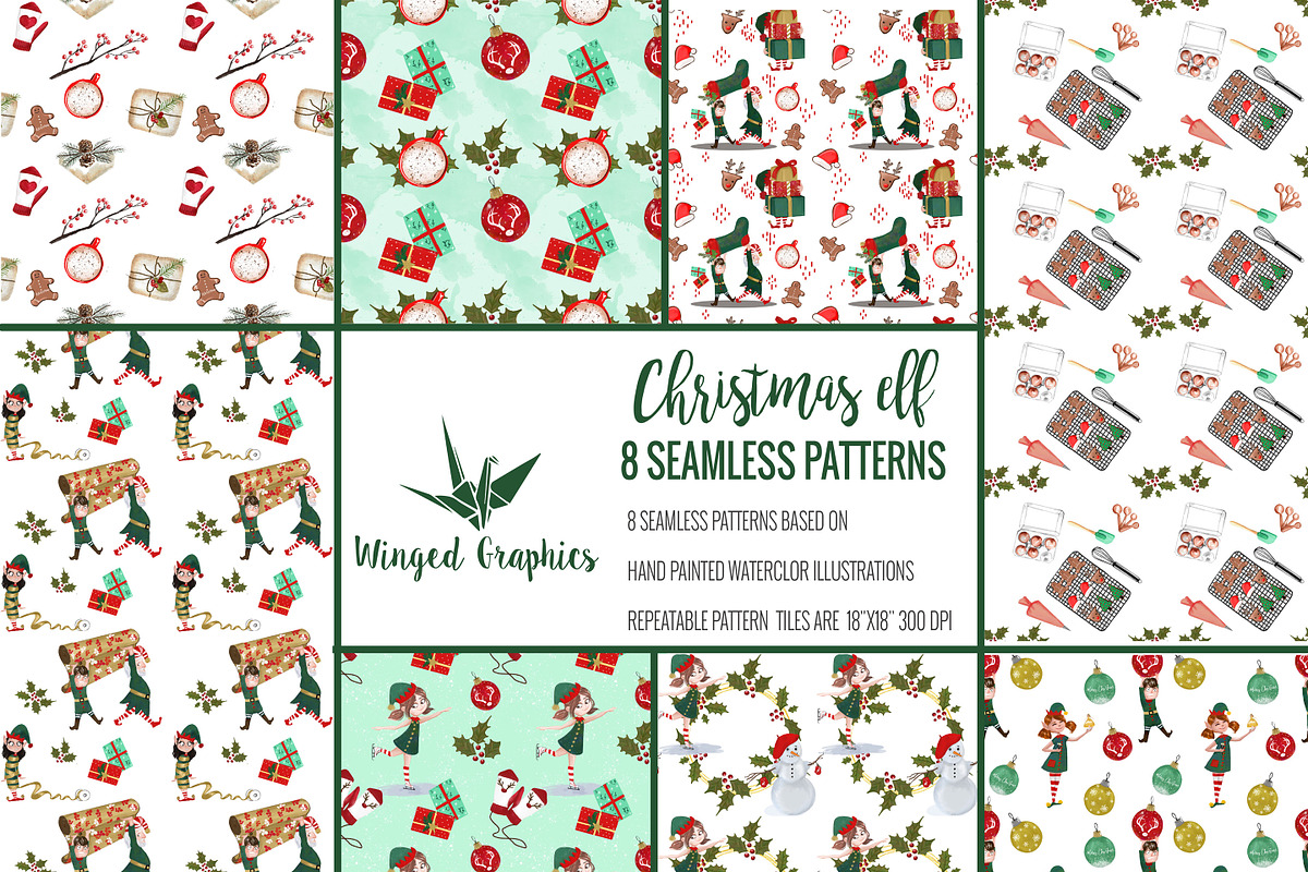 Christmas elves seamless patterns, a Seasonal Illustration by Winged Graphics (Photo 3 of 4)