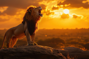 Roaring Lion at Sunset: Majestic lio, an Animal Photo by Pixeness Studio