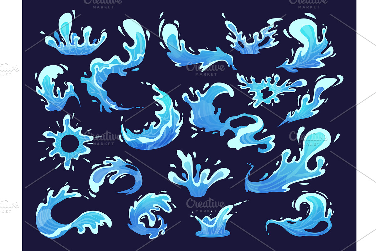 Blue water cartoon splashes. Liquid, an Illustration by LadadikArt