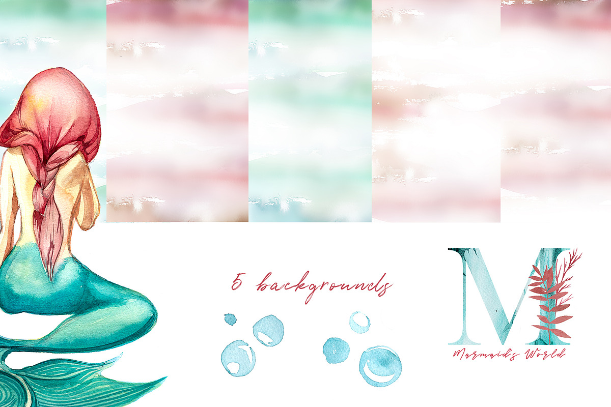 Watercolor Mermaid's World Clipart, a Person Illustration by ArtCreationsDesign (Photo 8 of 8)