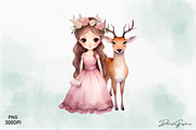 Princess & Deer Watercolor Clipart, an Animal Illustration by danishgraphics (Thumbnail 3 of 5)