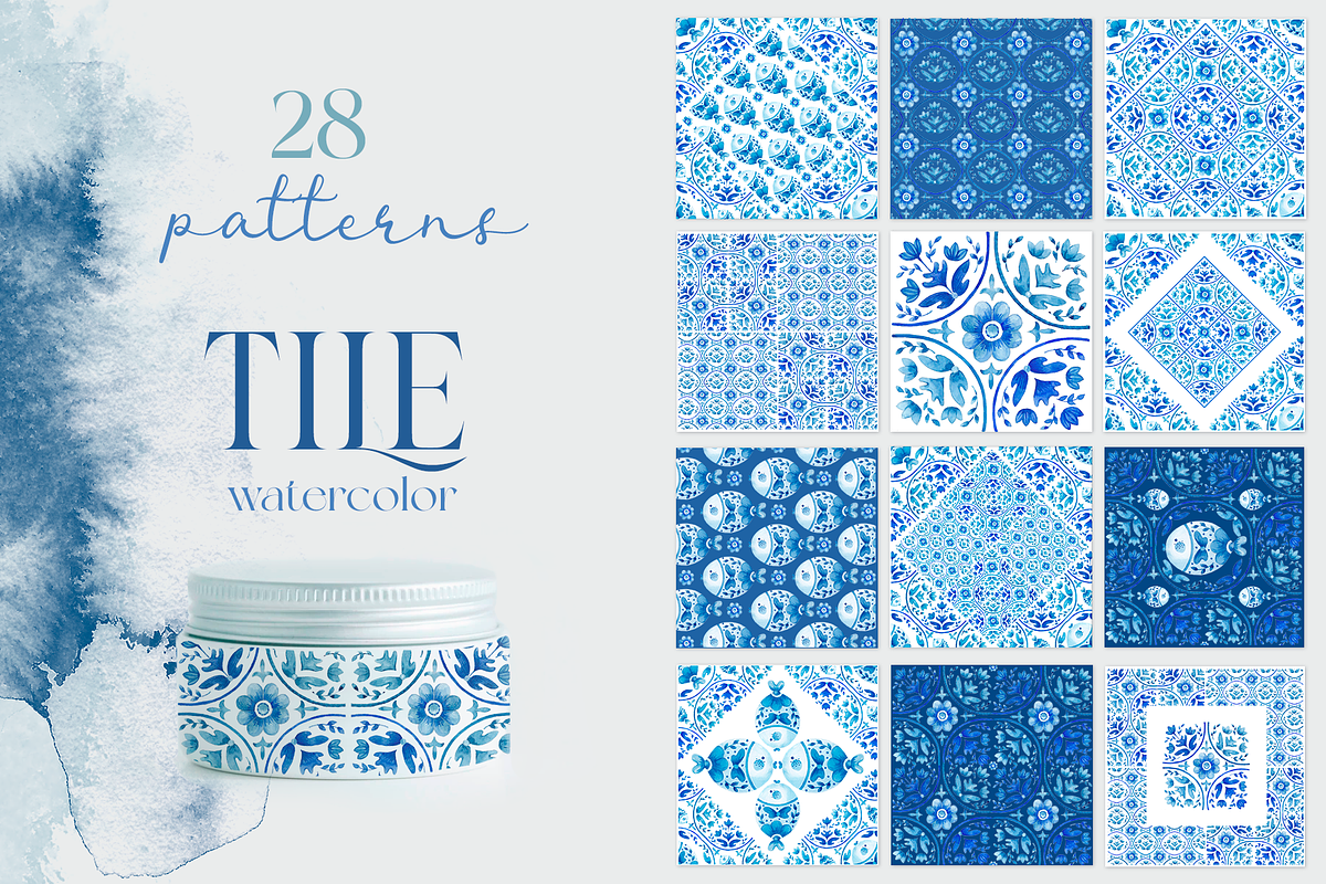 Watercolor blue tile patterns, a Decorative Illustration by Ojeny shop (Photo 1 of 8)