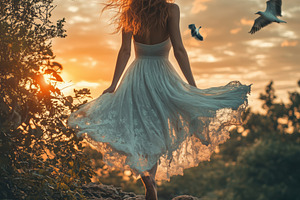 A woman in a flowing white dress stands on a rocky outcrop, facing away from th, a Person Photo by Textures & Backgrounds