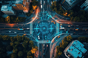 Aerial shot of futuristic city roads, a Photo by Pavel_design