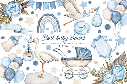 Watercolor stork baby shower clipart, an Illustration by AquarelleSpace