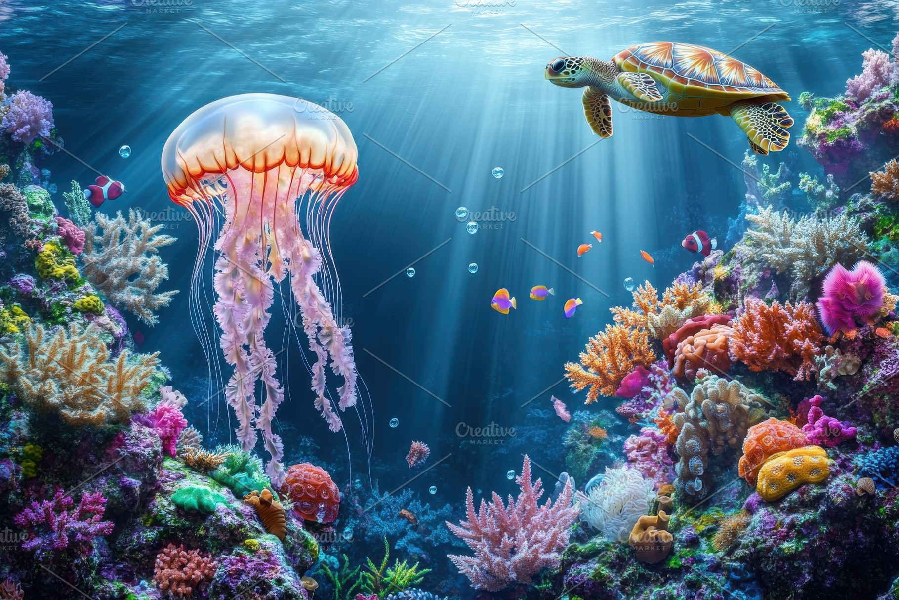 Vibrant coral reef scene jellyfish s, a Photo by Pixeness Studio