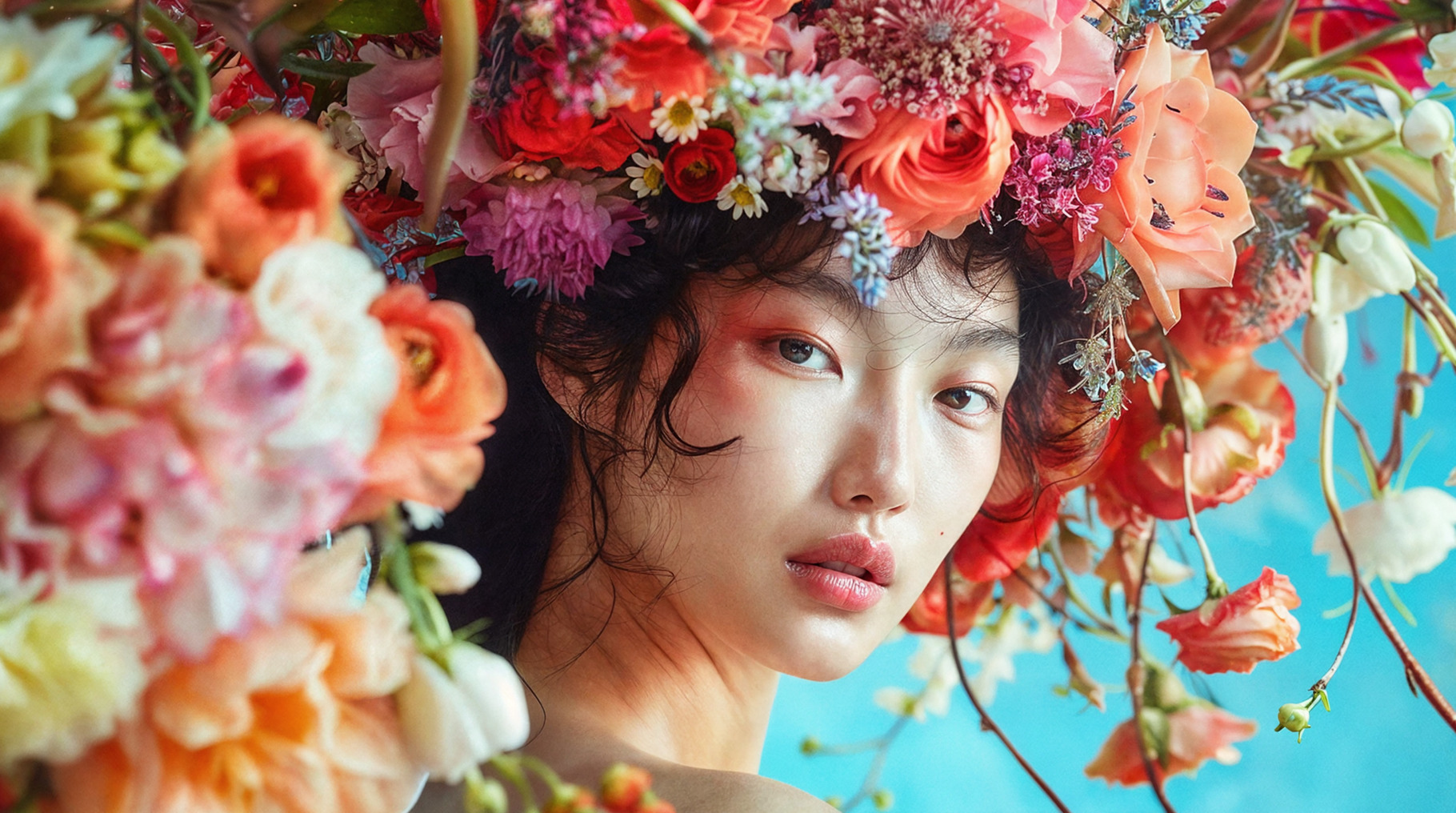 Woman model surrounded by flowers, a Beauty & Fashion Photo by Handmadefont