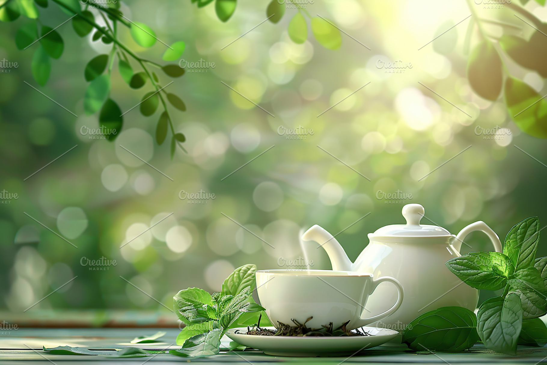 White cup with teapot of aromatic tea and green mint leafs on bl, a Food & Drink Photo by AlyaAnd