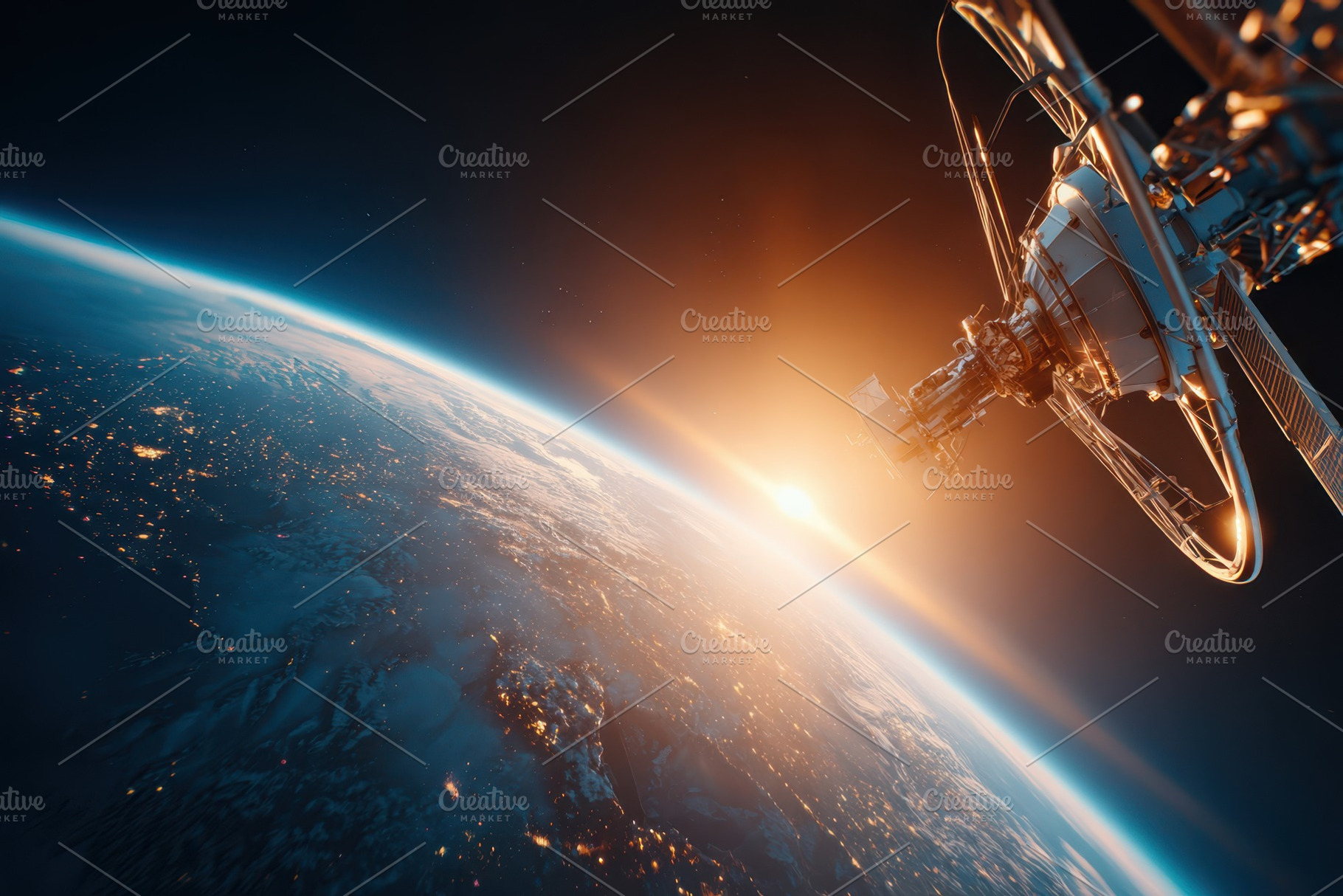 Satellite orbiting earth at sunrise, a Technology Photo by AlyaAnd
