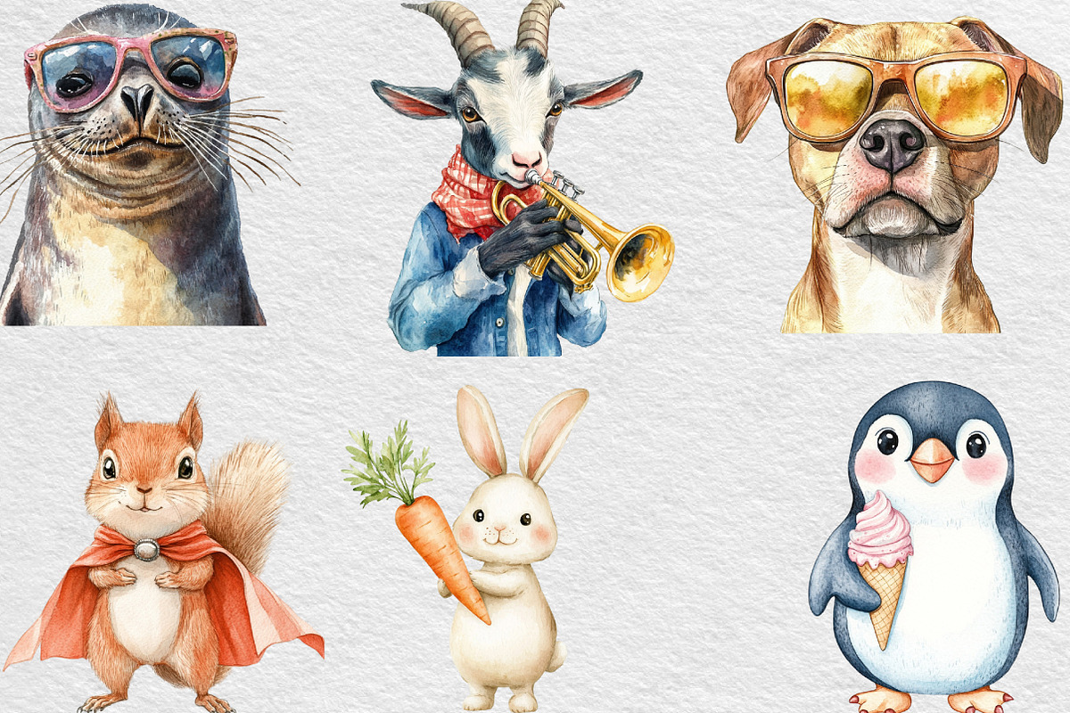 Watercolor Funny Animals Clipart, an Illustration by Black Bird Studio (Photo 5 of 6)