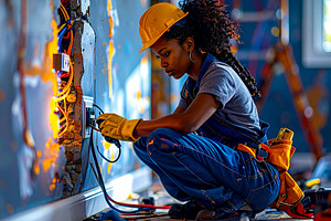 Young electrician installing electrical wiring and wall outlets, a Photo by DanFLCreativo