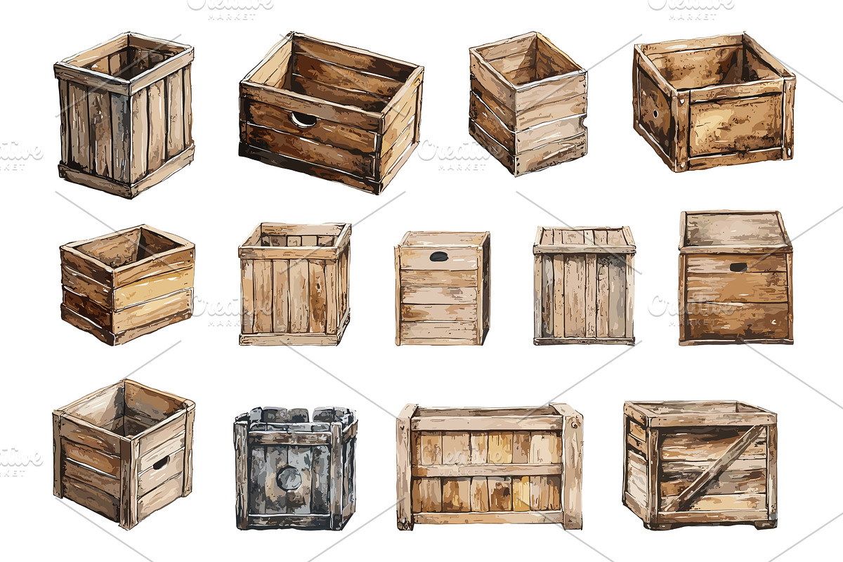 Wooden Crates Set Modern Watercolor, an Object Illustration by LadadikArt