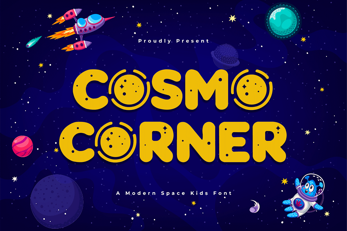 Cosmo Corner-Modern Space Kids Font, a Sans Serif Font by overlaytemplates (Photo 1 of 5)