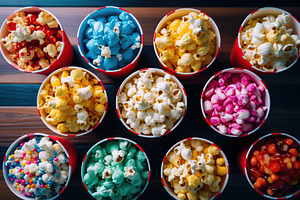 Paper cups with colorful popcorn on wooden background, a Food & Drink Photo by AlyaAnd