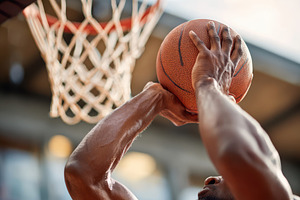Player shooting basketball toward hoop, a Sports & Recreation Photo by AlyaAnd