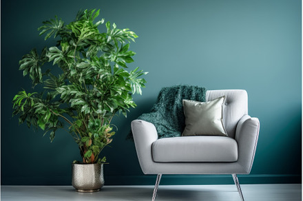 Green armchair blue wall. Generate, an Abstract Photo by Ylivdesign
